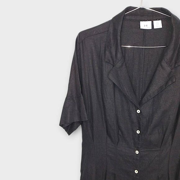 H by Halston Womens‎ Dress Sz 14 Black Linen Midi Shirt Short Sleeve Lagenlook - Picture 3 of 15
